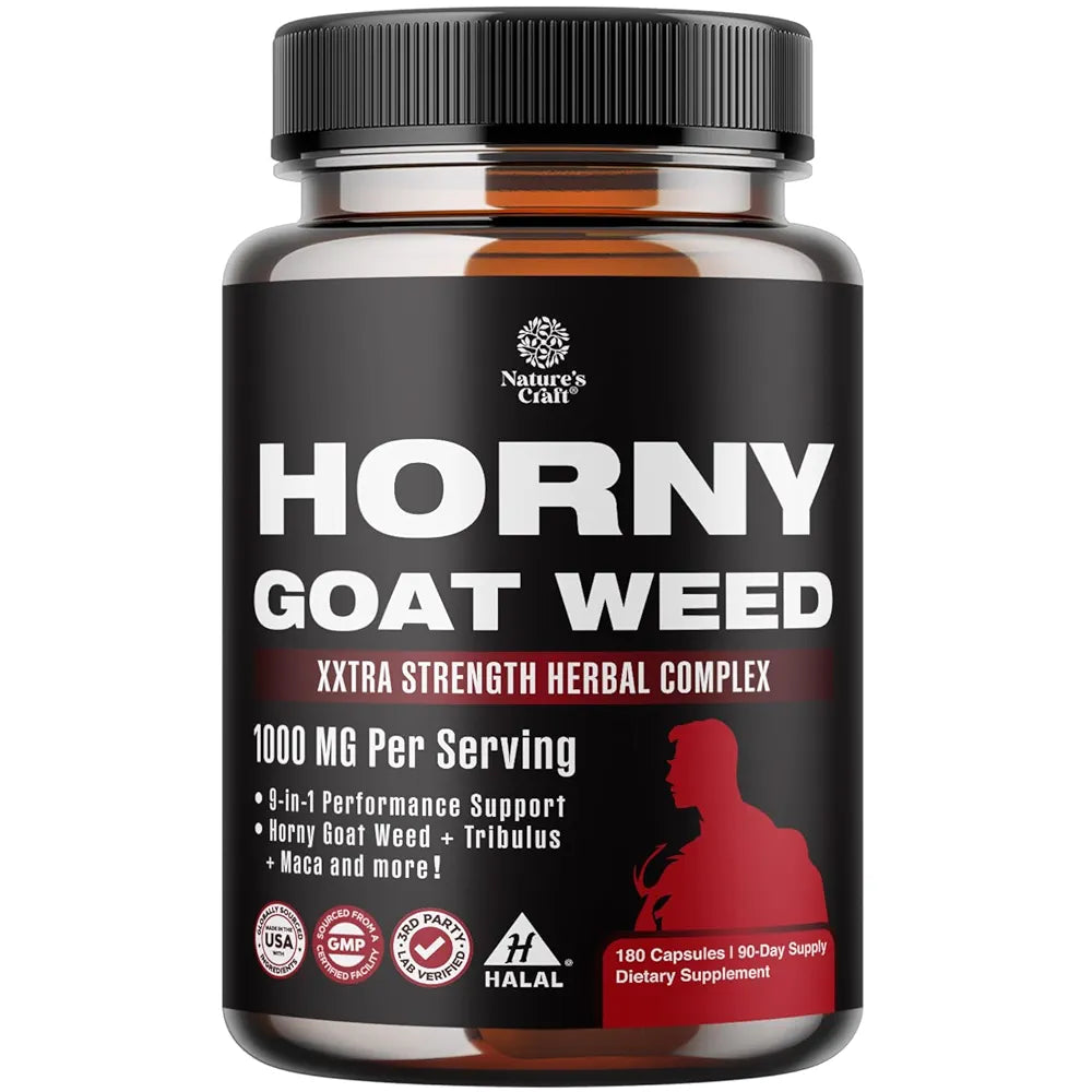 Horny Goat Weed for Men - Extra Strength Male Supplement with Black Maca Root, Tongkat Ali, Saw Palmetto & Panax Ginseng Extract for Stamina & Energy - 180 Capsules