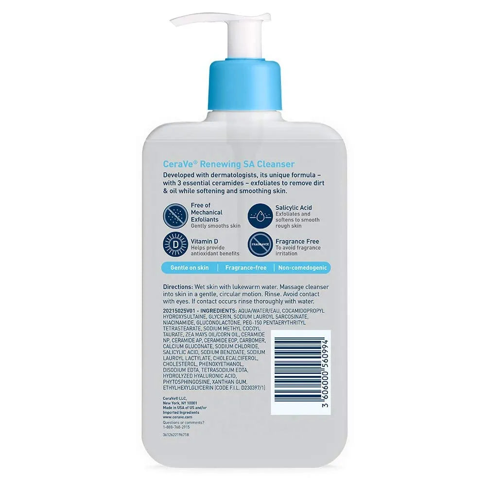 CeraVe Renewing Salicylic Acid Cleanser, Formulated With Hyaluronic Acid, Niacinamide, & Ceramides, Gentle BHA Exfoliating Face Wash Smooths & Softens Skin, Non Comedogenic & Fragrance Free, 16 Ounce