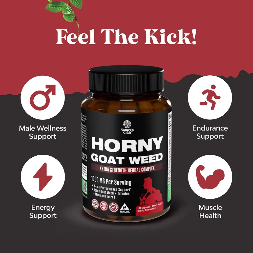 Horny Goat Weed for Men - Extra Strength Male Supplement with Black Maca Root, Tongkat Ali, Saw Palmetto & Panax Ginseng Extract for Stamina & Energy - 180 Capsules
