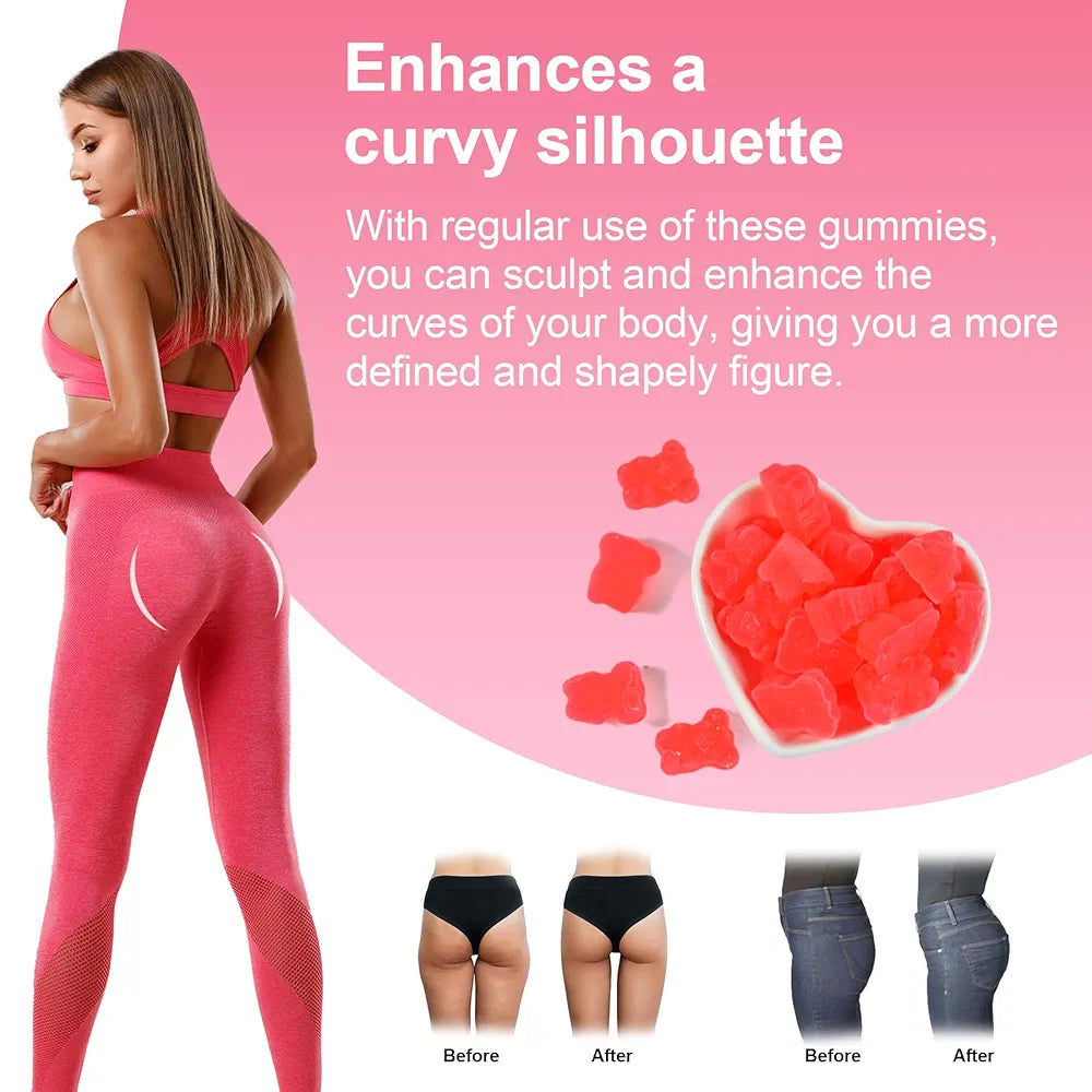 Hip Butt Enhancer Gummies for Butt Growth and HIPS, Booty Gummies for Bigger Butt Fast, Booty Curvy Body Gummies Weight Gainer for Women Workout Enhancement