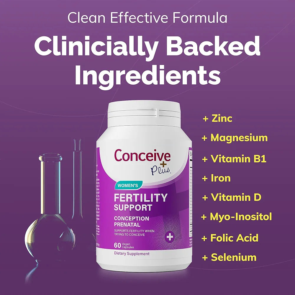 CONCEIVE PLUS Women's Fertility Support: Conception Prenatal Supplements for Her, Aids Hormonal Balance, & Regular Cycles - Folic Acid, B12, Zinc, Biotin, Non-GMO - 60 Vegetarian Soft Capsules