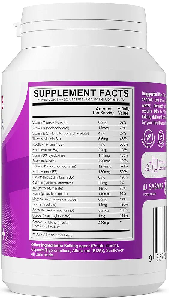 CONCEIVE PLUS Women's Fertility Support: Conception Prenatal Supplements for Her, Aids Hormonal Balance, & Regular Cycles - Folic Acid, B12, Zinc, Biotin, Non-GMO - 60 Vegetarian Soft Capsules