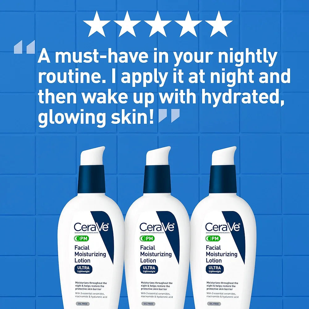 CeraVe PM Facial Moisturizing Lotion, Night Cream with Hyaluronic Acid and Niacinamide, Ultra-Lightweight, Oil-Free Moisturizer for Face, 3 Ounce