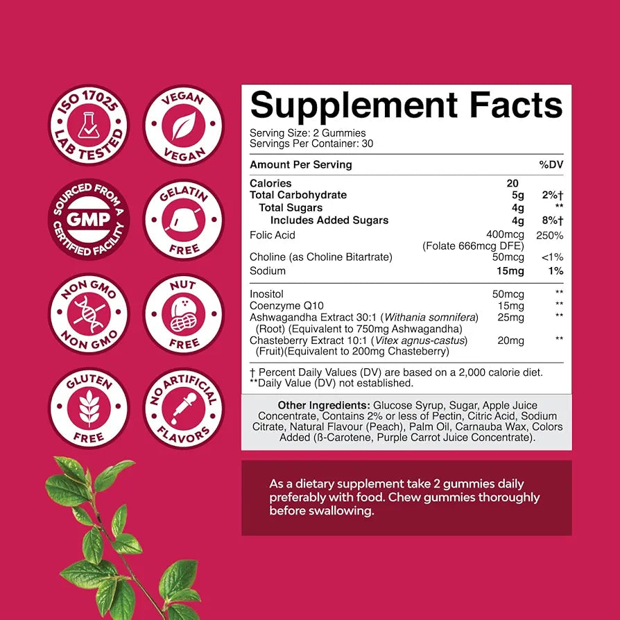 Fertility Gummies for Women Trying to Conceive - Yummy Gummy Fertility Supplement for Women with Myo-Inositol Folic Acid & Vitex Chasteberry - Vegan Non-GMO & Gluten Free - Juicy Peach 