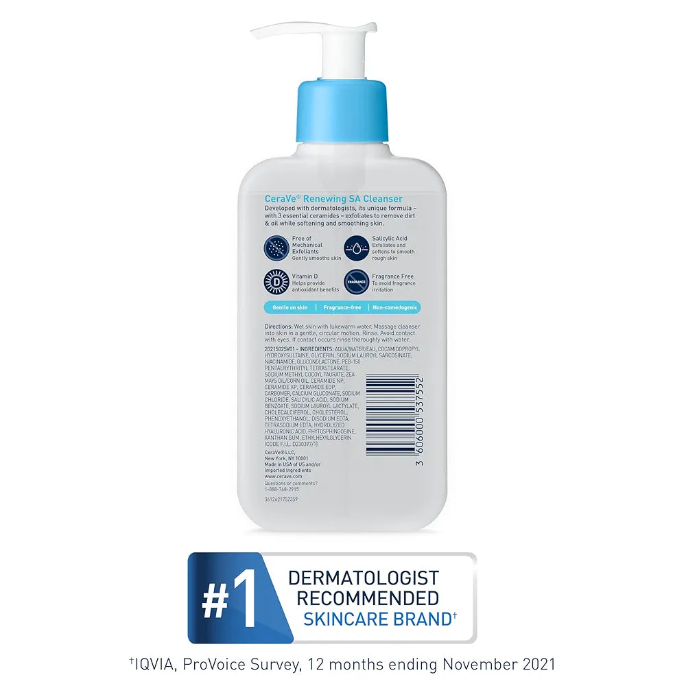 CeraVe Renewing Salicylic Acid Cleanser, Formulated With Hyaluronic Acid, Niacinamide, & Ceramides, Gentle BHA Exfoliating Face Wash Smooths & Softens Skin, Non Comedogenic & Fragrance Free, 16 Ounce