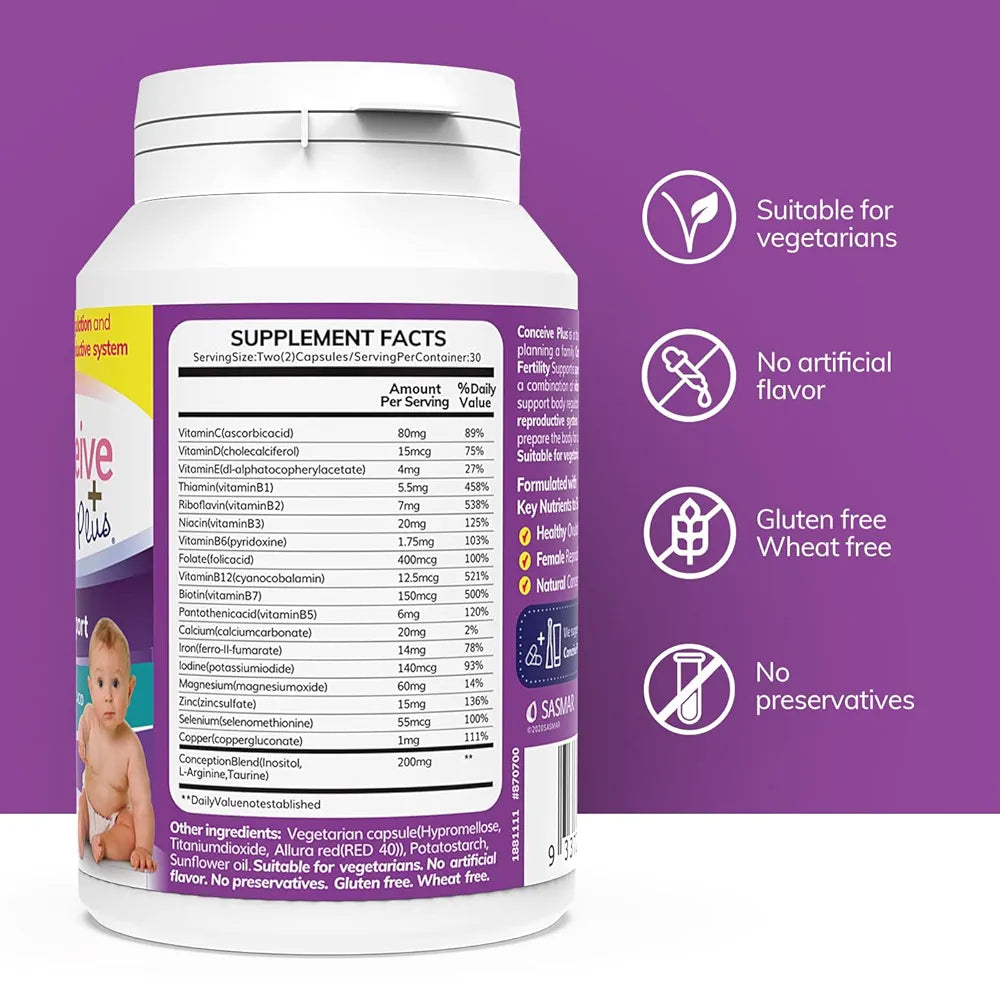 CONCEIVE PLUS Women's Fertility Support: Conception Prenatal Supplements for Her, Aids Hormonal Balance, & Regular Cycles - Folic Acid, B12, Zinc, Biotin, Non-GMO - 60 Vegetarian Soft Capsules