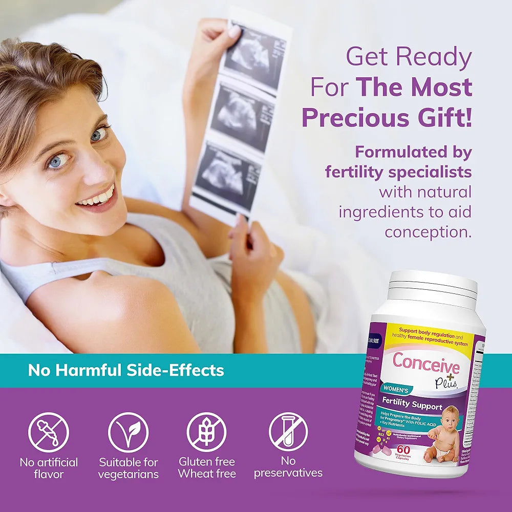 CONCEIVE PLUS Women's Fertility Support: Conception Prenatal Supplements for Her, Aids Hormonal Balance, & Regular Cycles - Folic Acid, B12, Zinc, Biotin, Non-GMO - 60 Vegetarian Soft Capsules