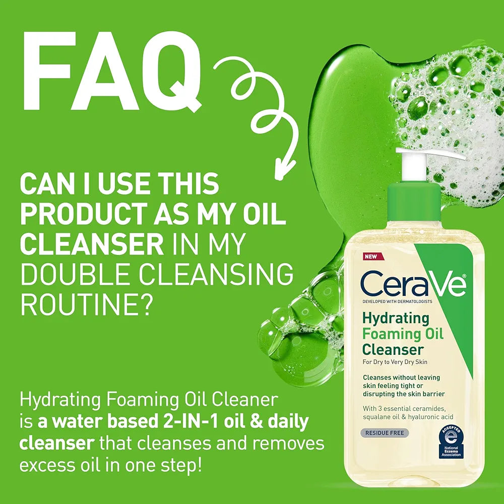 CeraVe Hydrating Foaming Oil Cleanser, Moisturizing Cleanser for Face & Body, Squalane Oil + Hyaluronic Acid + Ceramides, For Dry to Very Dry Skin, Fragrance Free & Residue Free, 8 FL Oz