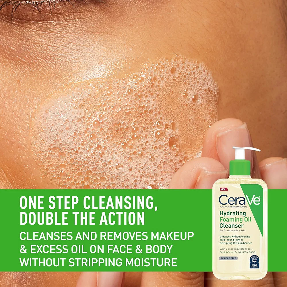 CeraVe Hydrating Foaming Oil Cleanser, Moisturizing Cleanser for Face & Body, Squalane Oil + Hyaluronic Acid + Ceramides, For Dry to Very Dry Skin, Fragrance Free & Residue Free, 8 FL Oz